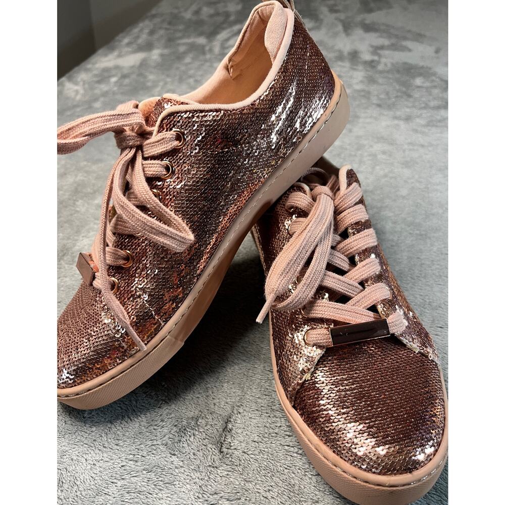 Aldo Rose Gold Sequin Low Top‎ Sneakers Lace Up Sparkling Fashion Shoes Womens 5